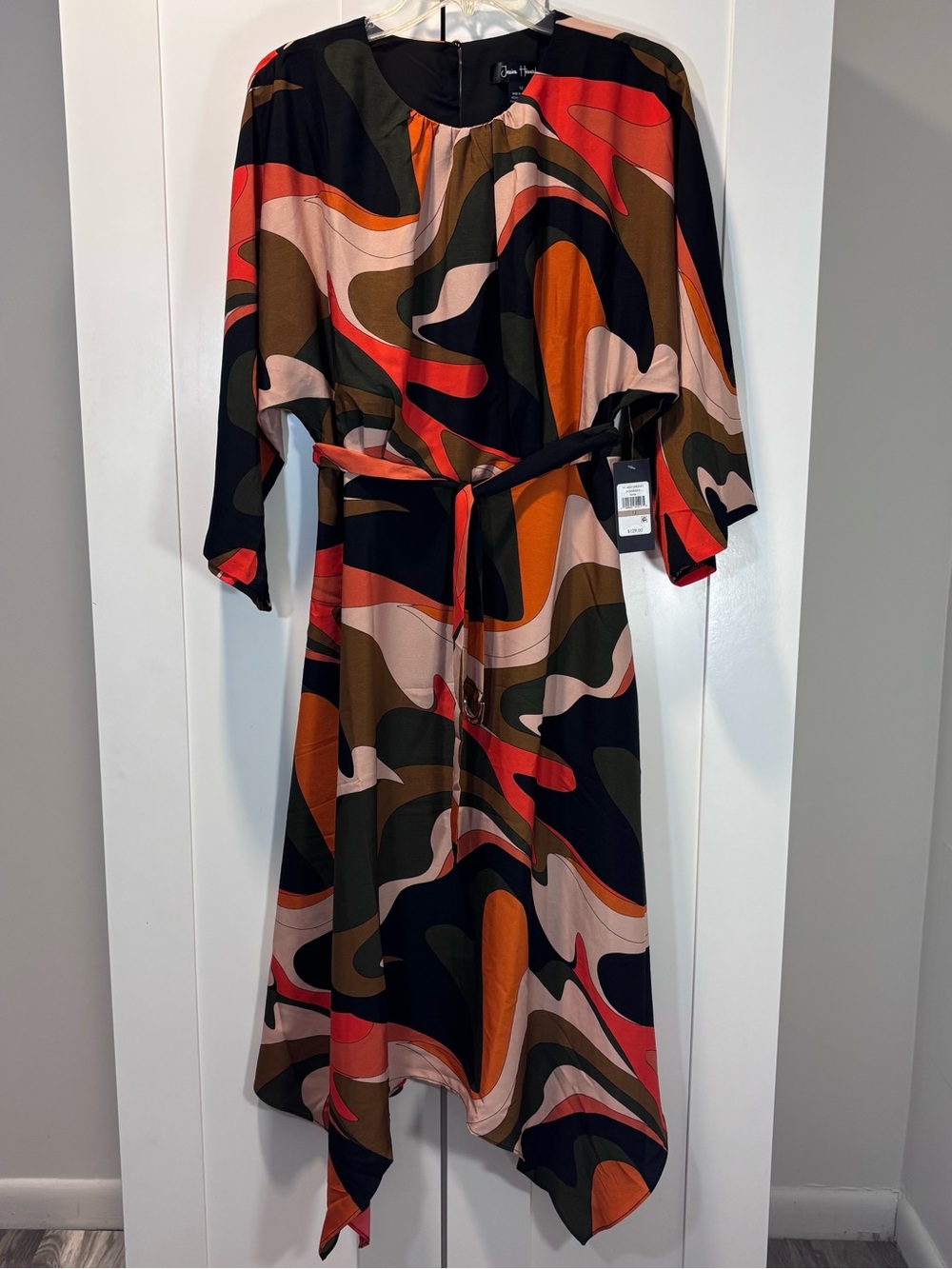 NWT Jessica Howard Size 12 Abstract Print Handkerchief Midi Dress Belted